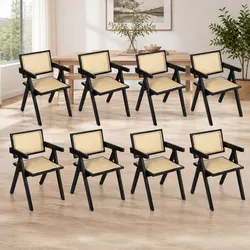 Set of 8 Black Wicker Armchairs with Rattan Backrest