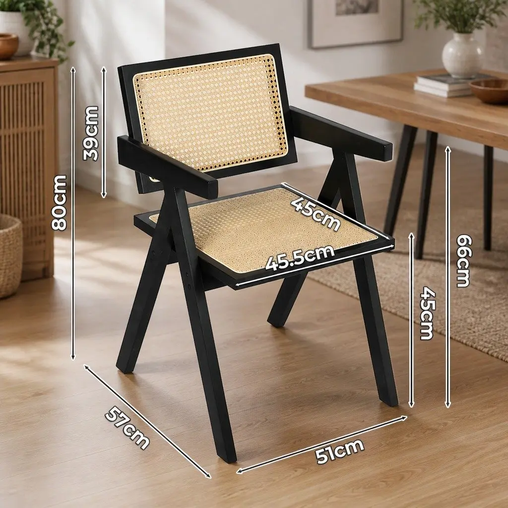 Set of 8 Black Wicker Armchairs with Rattan Backrest