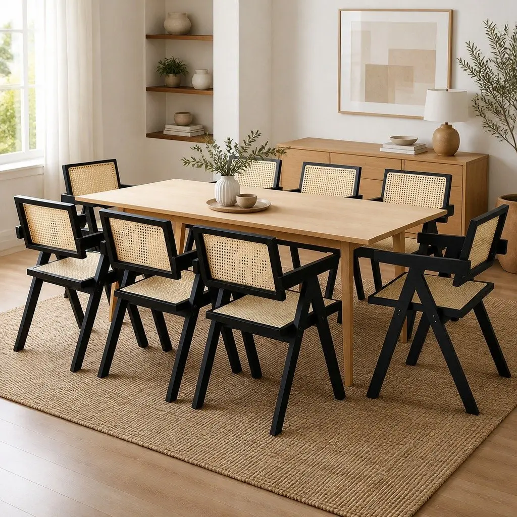 Set of 8 Black Wicker Armchairs with Rattan Backrest