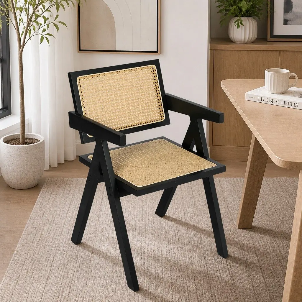 Set of 8 Black Wicker Armchairs with Rattan Backrest