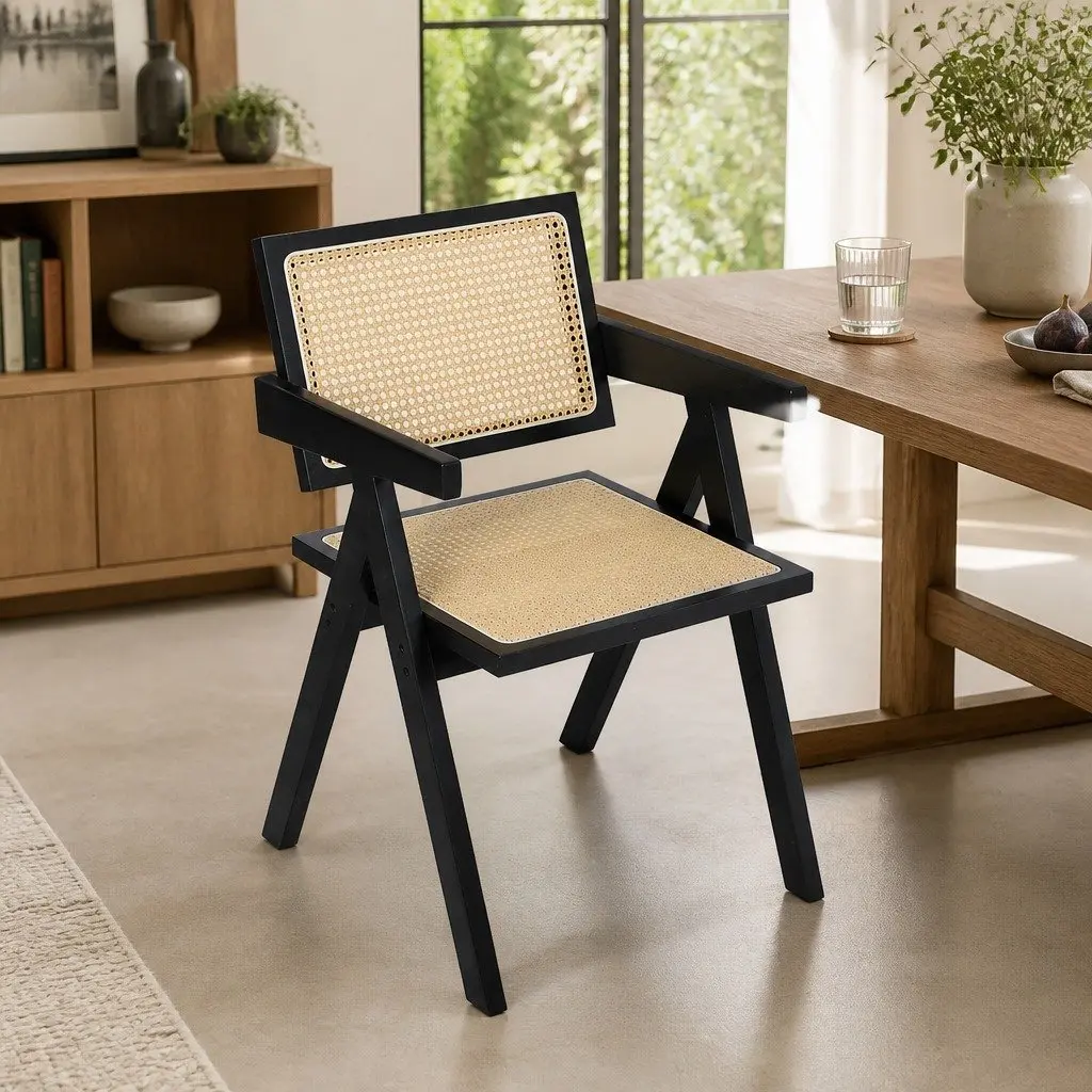 Rattan Wicker Dining Chair with Armrests and Sturdy Frame