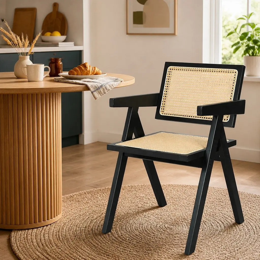 Rattan Wicker Dining Chair with Armrests and Sturdy Frame
