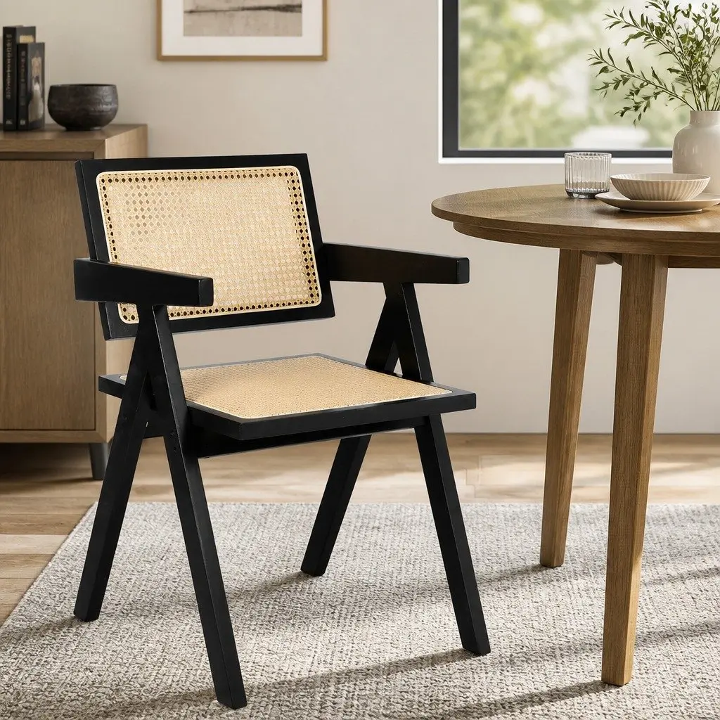 Rattan Wicker Dining Chair with Armrests and Sturdy Frame