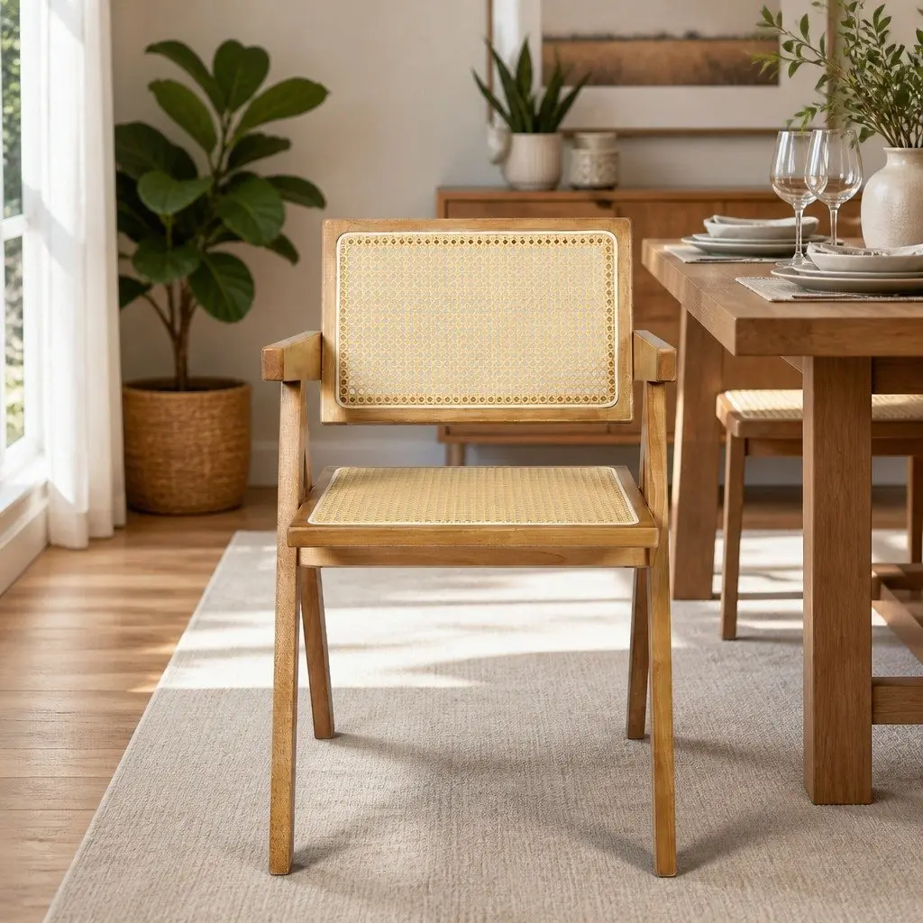 Solid Rubber Wood Dining Chair with Rattan Weave
