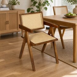 Wooden Rattan Seat Dining Chair with Armrests