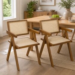 Modern Rattan Wicker Armchair Dining Chair in Walnut