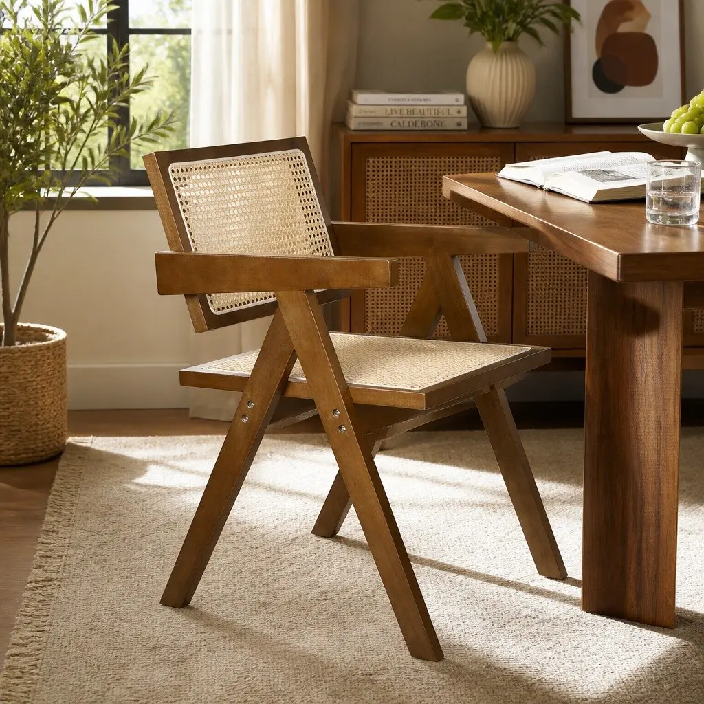 Dining Chair Rattan Rubber Wood Walnut 51cm W x 57cm D x 80cm H