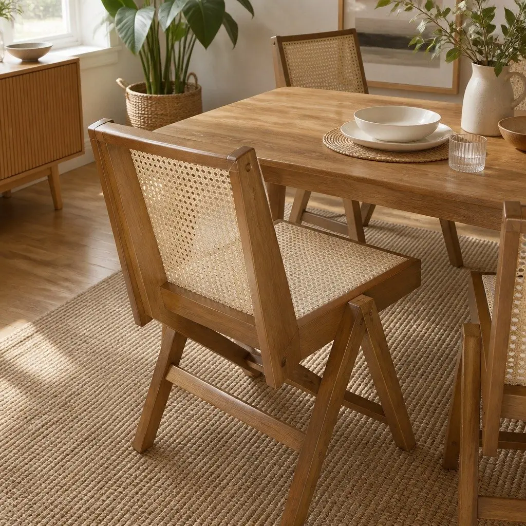 Dining Chair Rattan Rubber Wood Walnut 51cm W x 57cm D x 80cm H
