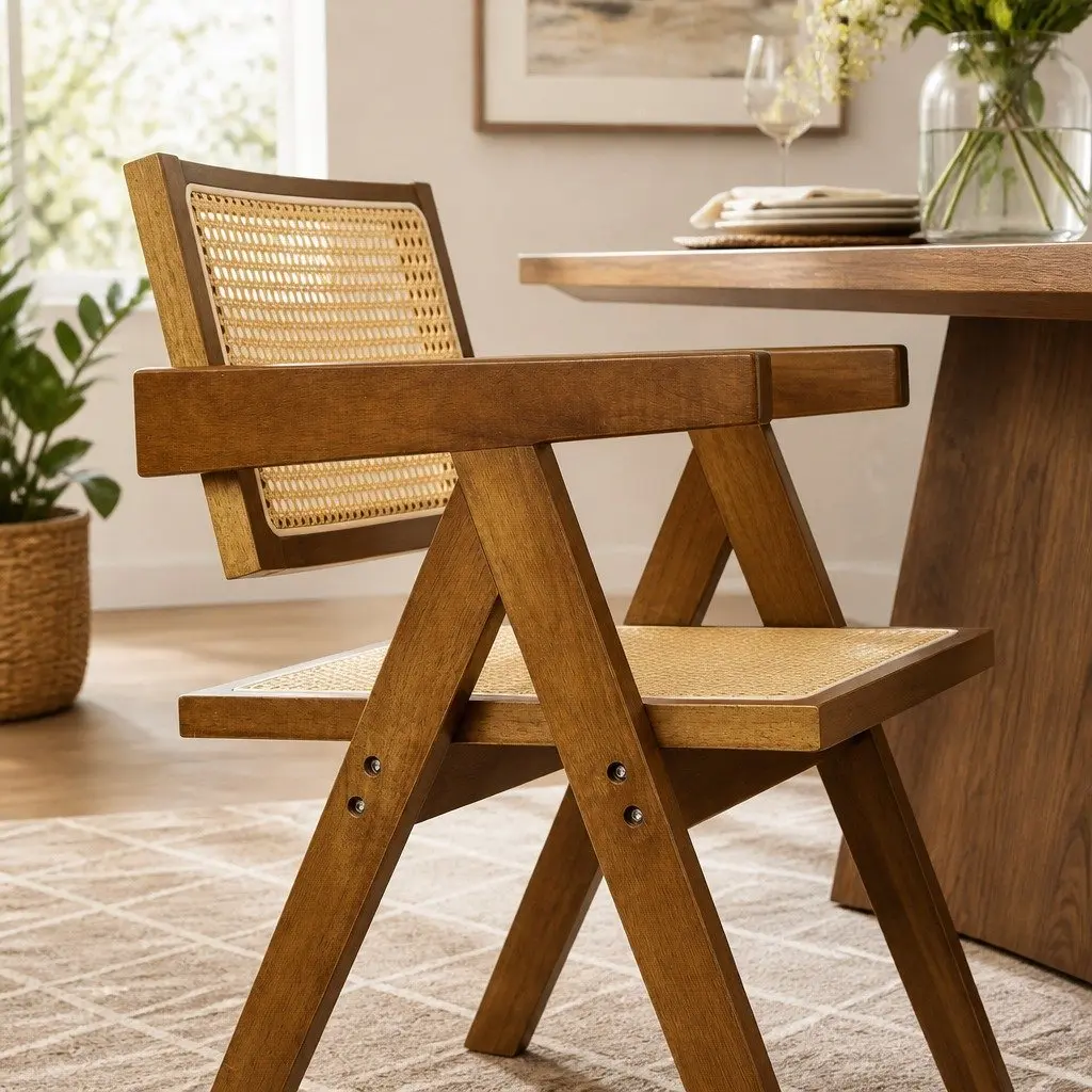 Dining Chair Rattan Rubber Wood Walnut 51cm W x 57cm D x 80cm H