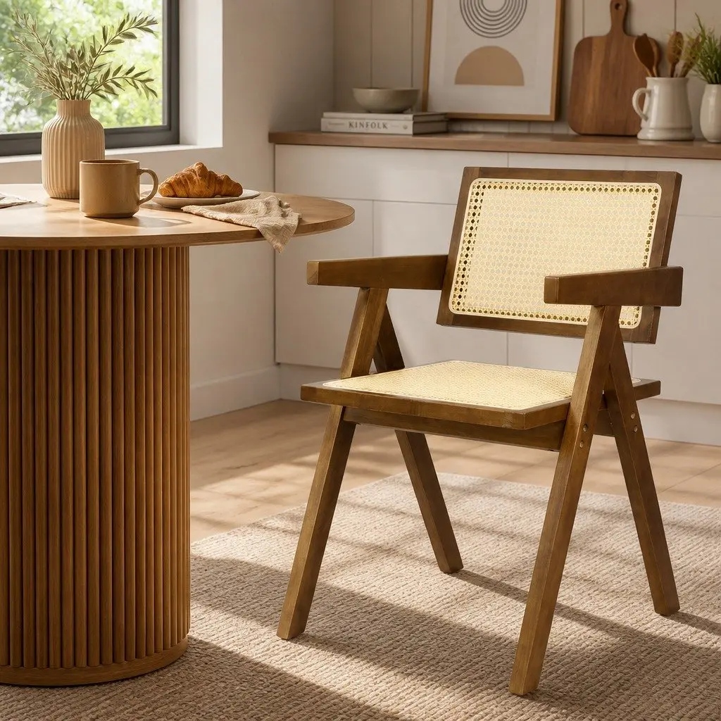 Dining Chair Rattan Rubber Wood Walnut 51cm W x 57cm D x 80cm H