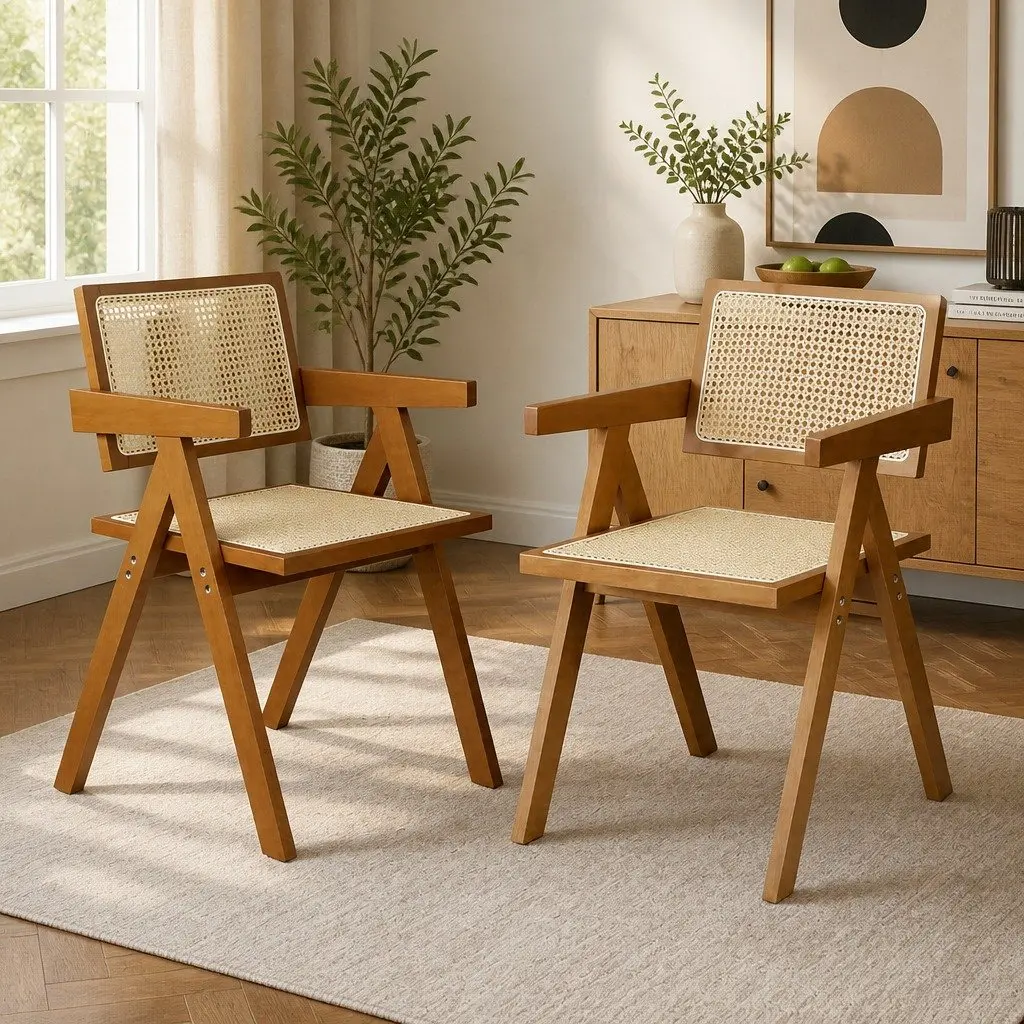 Dining Chair Rattan Rubber Wood Walnut 51cm W x 57cm D x 80cm H