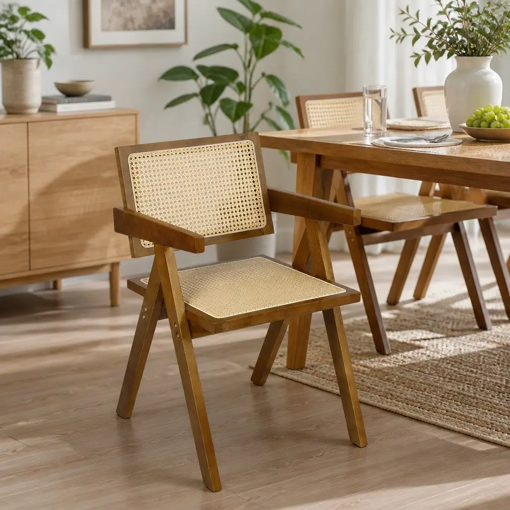 Dining Chair Rattan Rubber Wood Walnut 51cm W x 57cm D x 80cm H