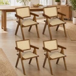 Stylish Walnut Wicker Armchair Dining Chair Set of 4