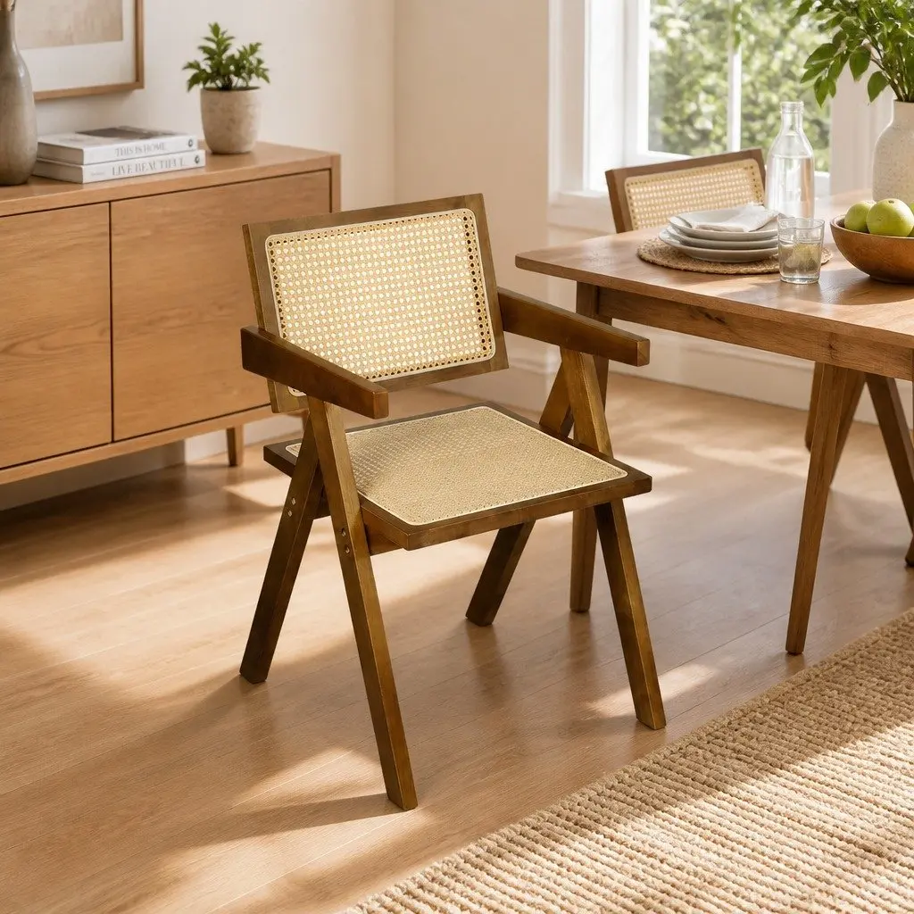 Dining Chair Set 4 Rattan Rubber Wood Walnut