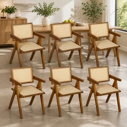 Walnut Rattan Dining Chair with Armrests for Comfort
