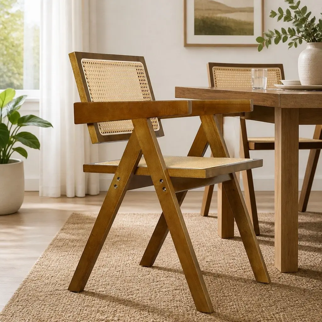 Dining Chair Rattan Rubber Wood 51cm x 57cm x 80cm Walnut