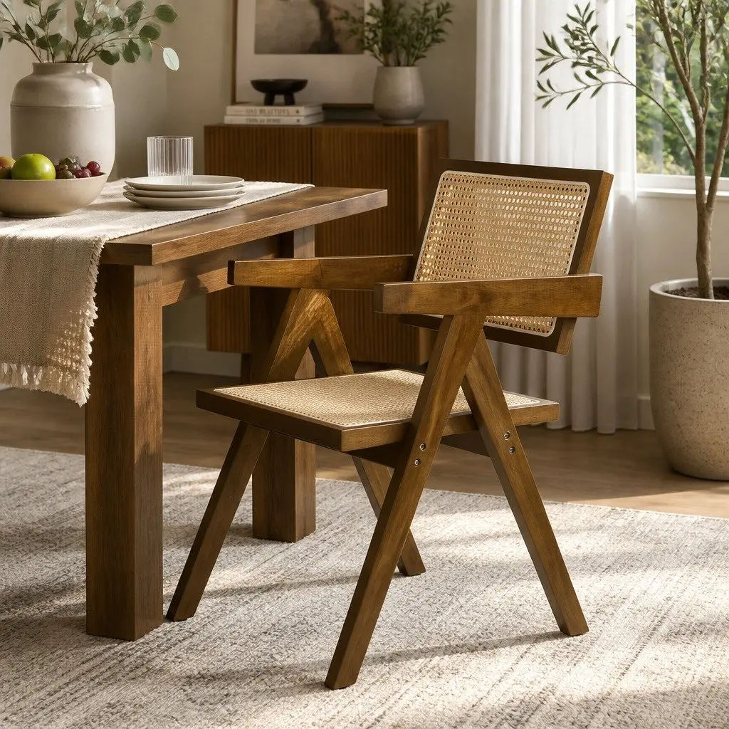 Dining Chair Rattan Weave Rubber Wood Frame Walnut Retro