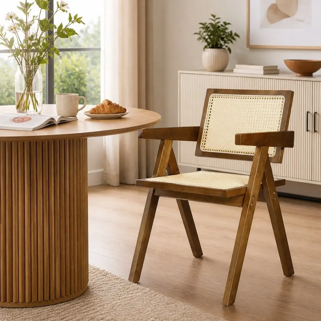 Dining Chair Rattan Weave Rubber Wood Frame Walnut Retro