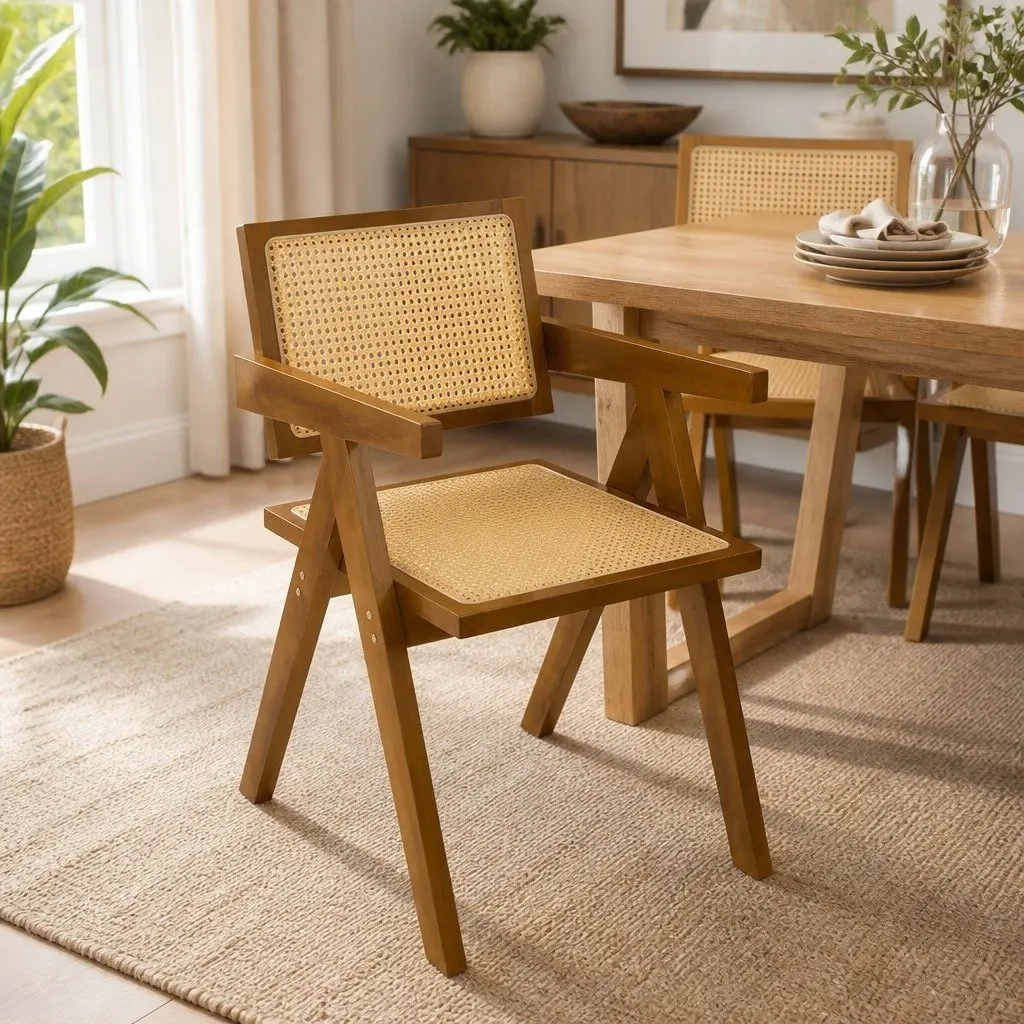 Dining Chair Rattan Weave Rubber Wood Frame Walnut Retro