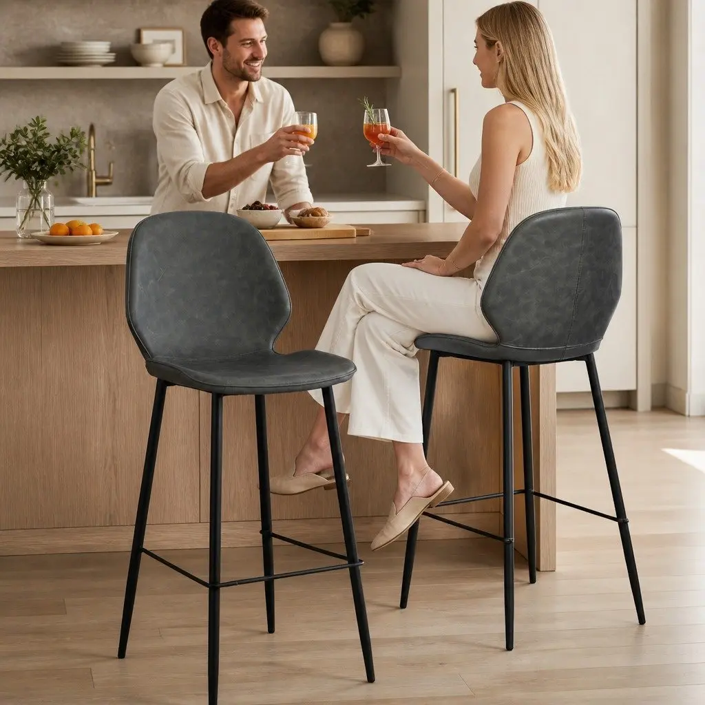Bar Stools Leathaire 75cm Grey Seat Steel Frame