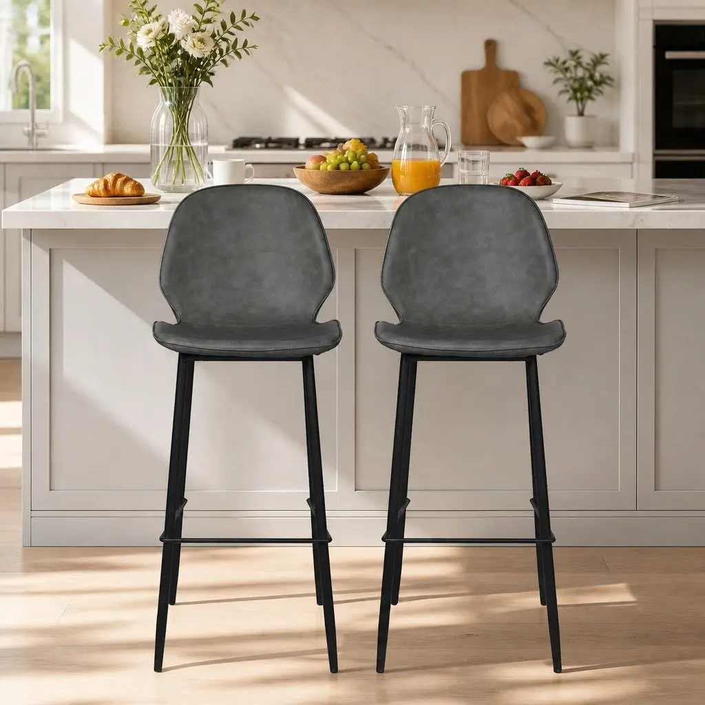 Bar Stools Leathaire 75cm Grey Seat Steel Frame