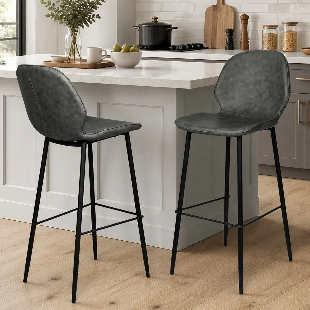 Bar Stools Leathaire 75cm Grey Seat Steel Frame