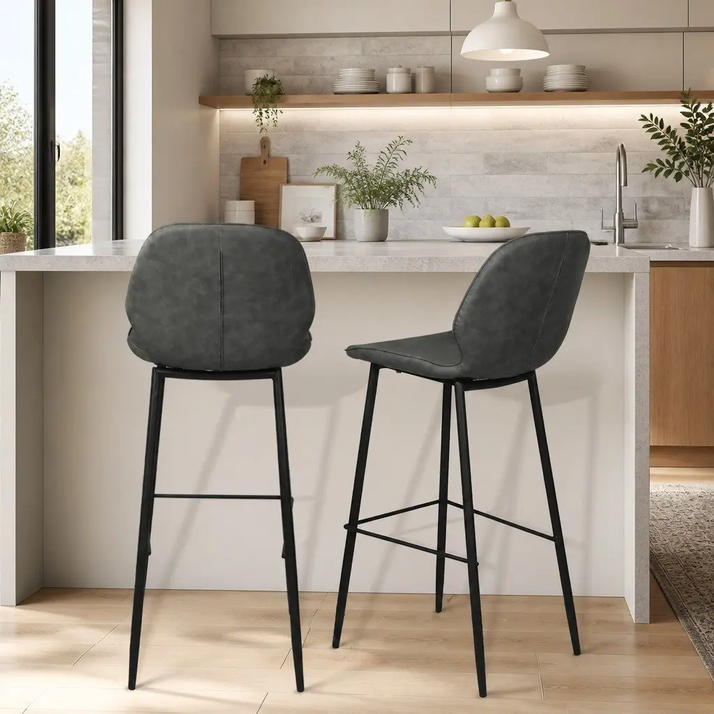 Bar Stools Leathaire 75cm Grey Seat Steel Frame