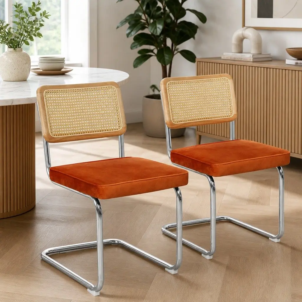 Dining Chairs with Rattan Backrest and Velvet Seat