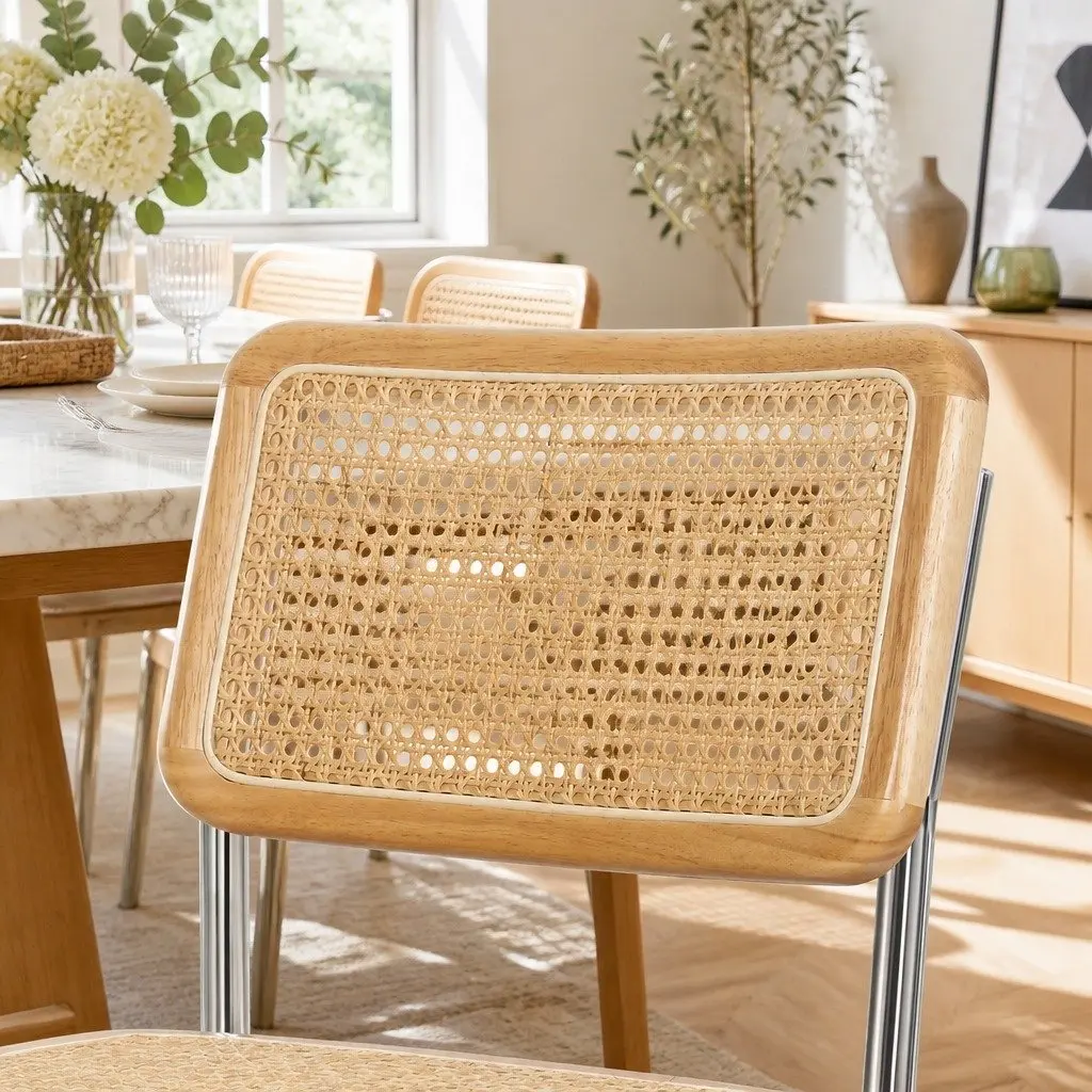 Rattan Dining Chairs Set of 4 Woven Seat Backrest Cantilever Frame Kitchen