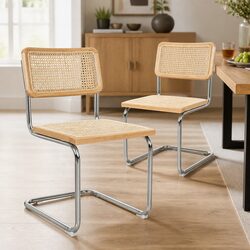 Set of 2 Rattan Dining Chairs with Chrome Steel Frame