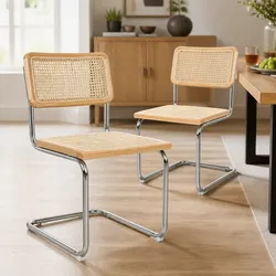 Set of 2 Rattan Dining Chairs with Chrome Steel Frame
