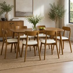 Set of 6 Rubber Wood Dining Chairs with Curved Backrest