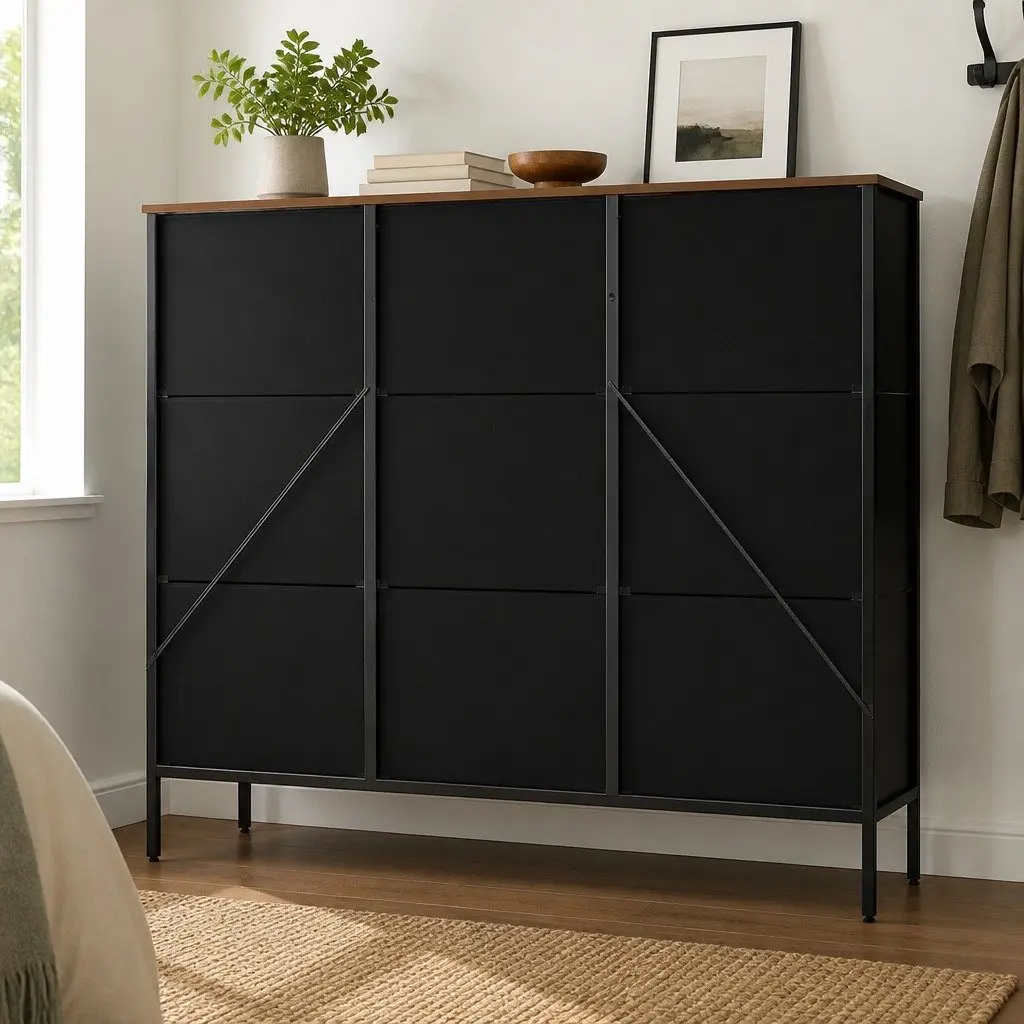 9 Drawer Chest of Drawers MDF Steel 100cm x 30cm x 92cm Brown