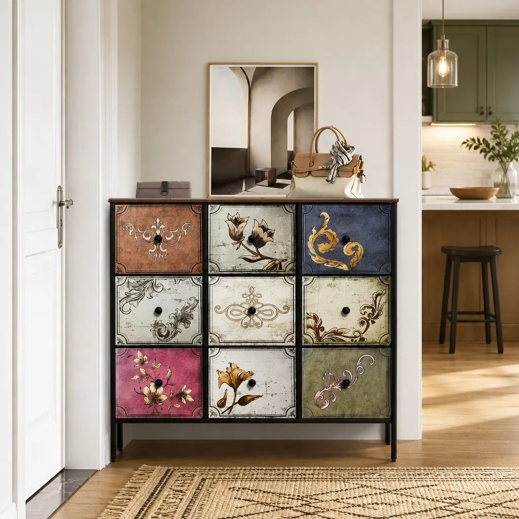 9 Drawer Chest of Drawers MDF Steel 100cm x 30cm x 92cm Brown