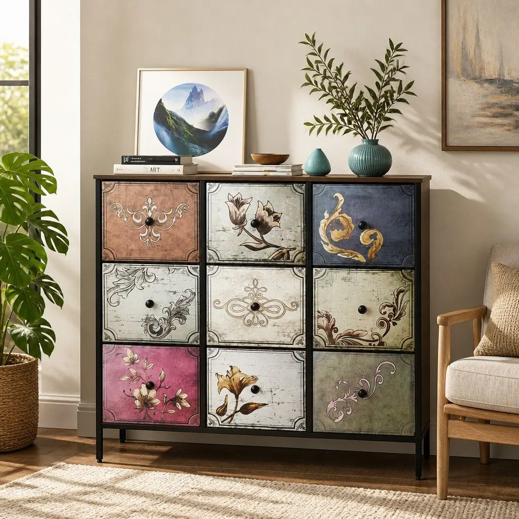 9 Drawer Chest of Drawers MDF Steel 100cm x 30cm x 92cm Brown