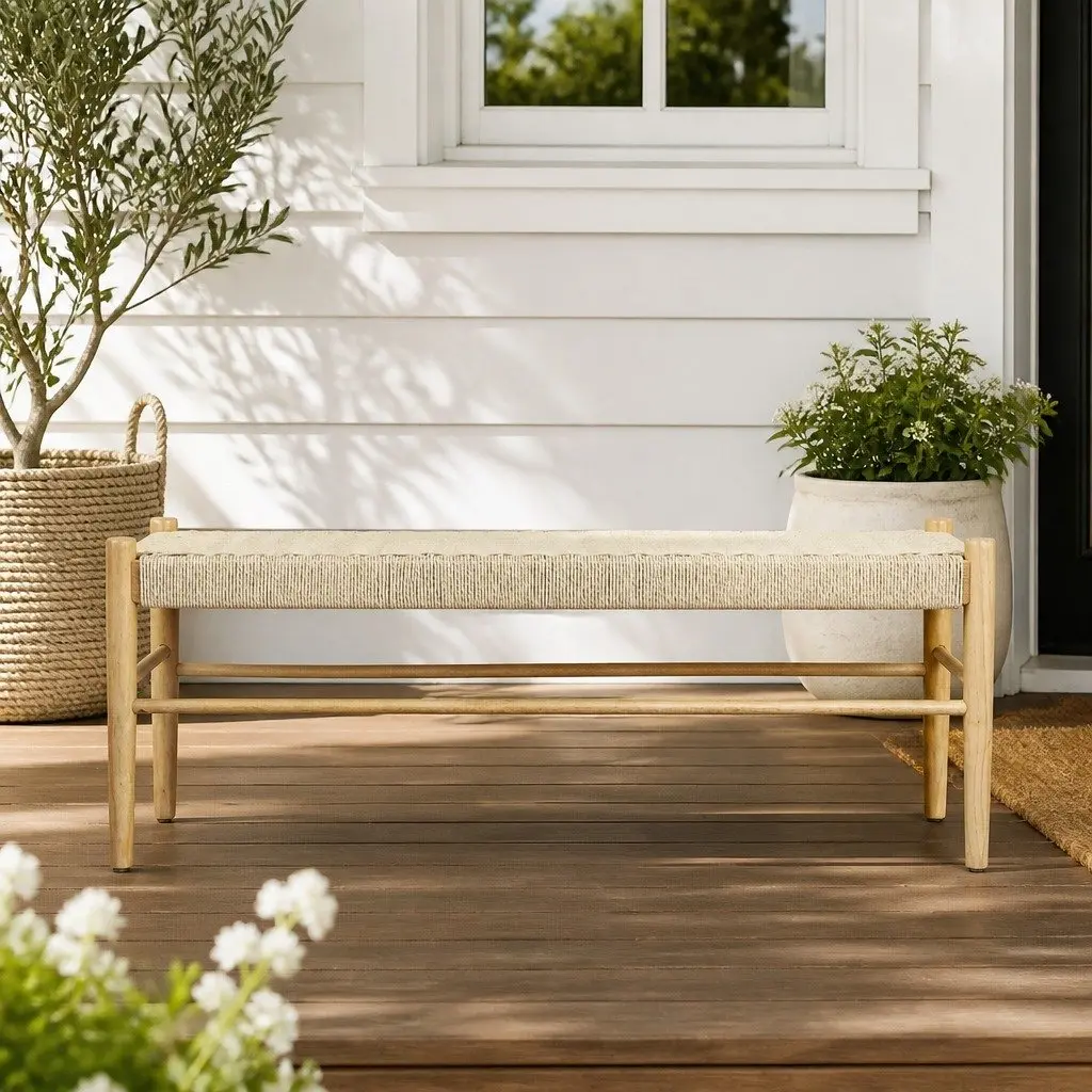 Wicker Bench with Kraft Rope Seating for Two