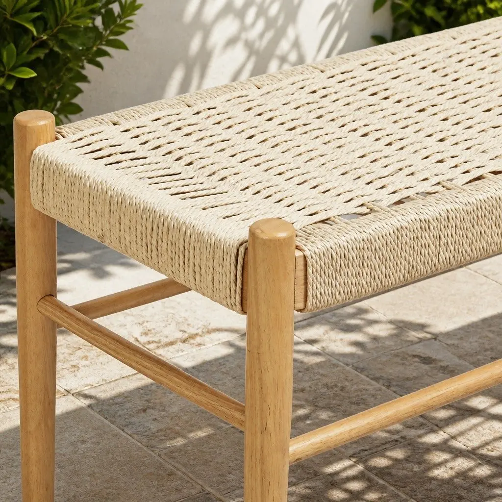 Wicker Bench with Kraft Rope Seating for Two