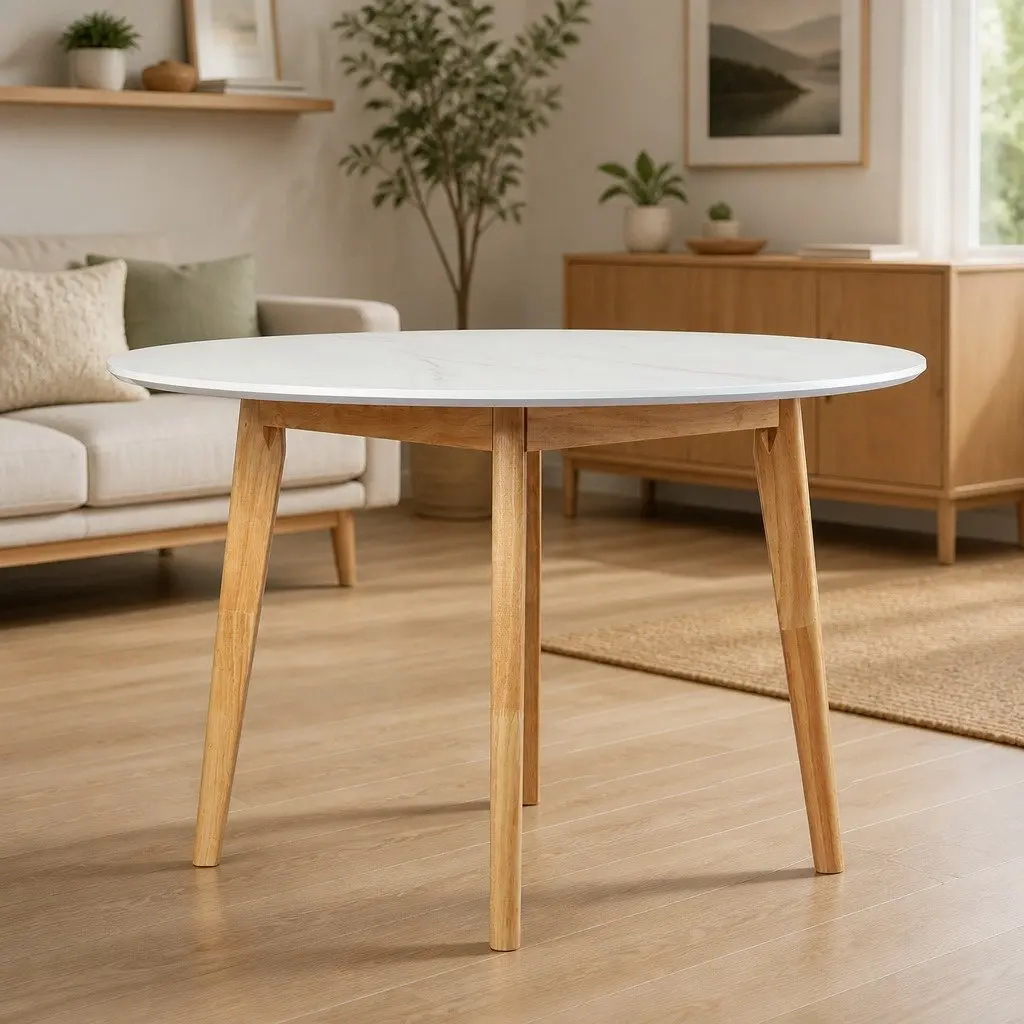 Round Dining Table 120cm with White Rubberwood Base