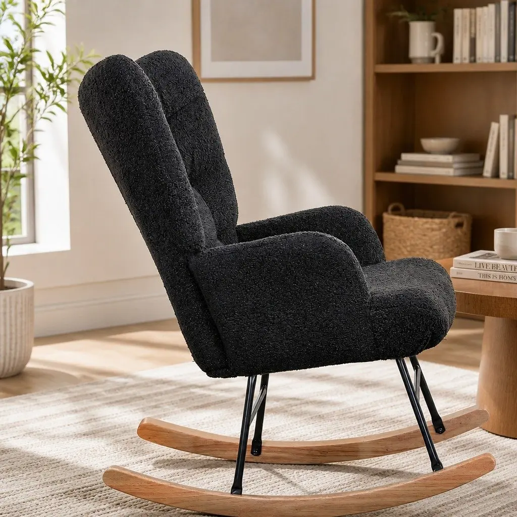 Rocking Chair Sherpa Fleece Ergonomic Grey 67cm W x 86cm D x 95cm H