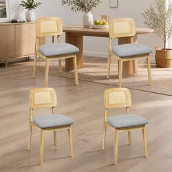 Set of 4 Natural Wood Frame Rattan Dining Chairs
