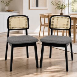 Set of 2 Black Rattan Dining Chairs with Wooden Frame