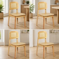 Set of 4 Rattan Cane Wooden Dining Chairs - Natural