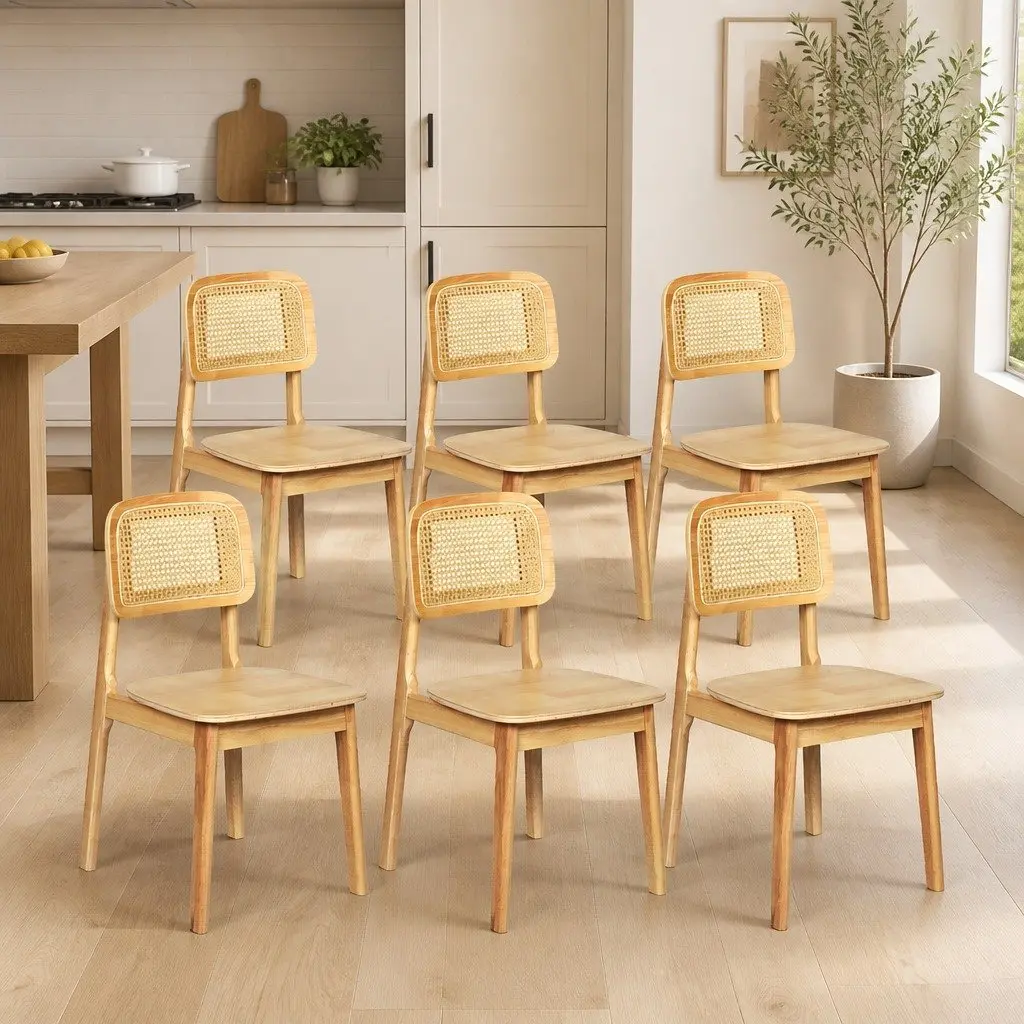 Set of 6 Sturdy Rattan Wooden Dining Chairs