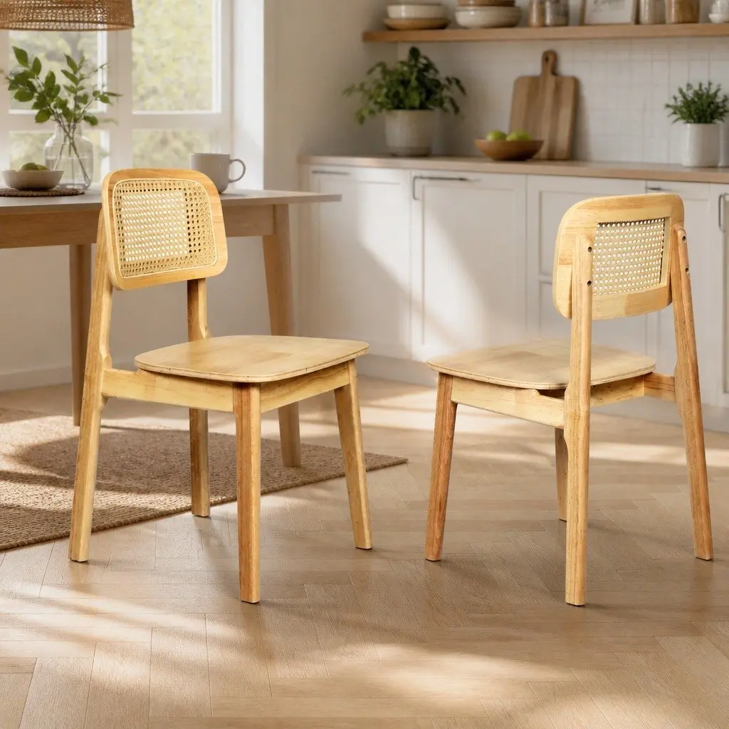 Set of 6 Sturdy Rattan Wooden Dining Chairs