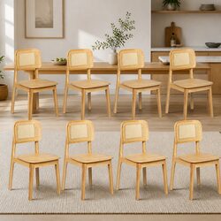 Set of 8 Durable Wooden Dining Chairs with Rattan Weave