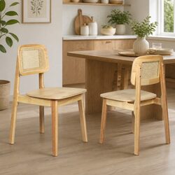 Set of 2 Wooden Dining Chairs with Cane Rattan Back