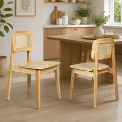 Set of 2 Wooden Dining Chairs with Cane Rattan Back