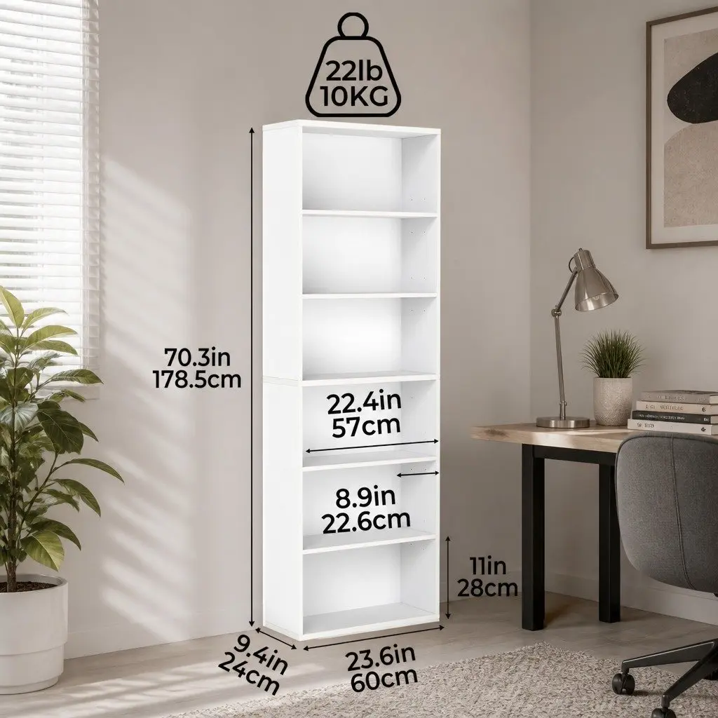 6 Tier Book Shelf Wooden E1-grade Particleboard 60cm x 24cm x 178.5cm White Freestanding Storage Display