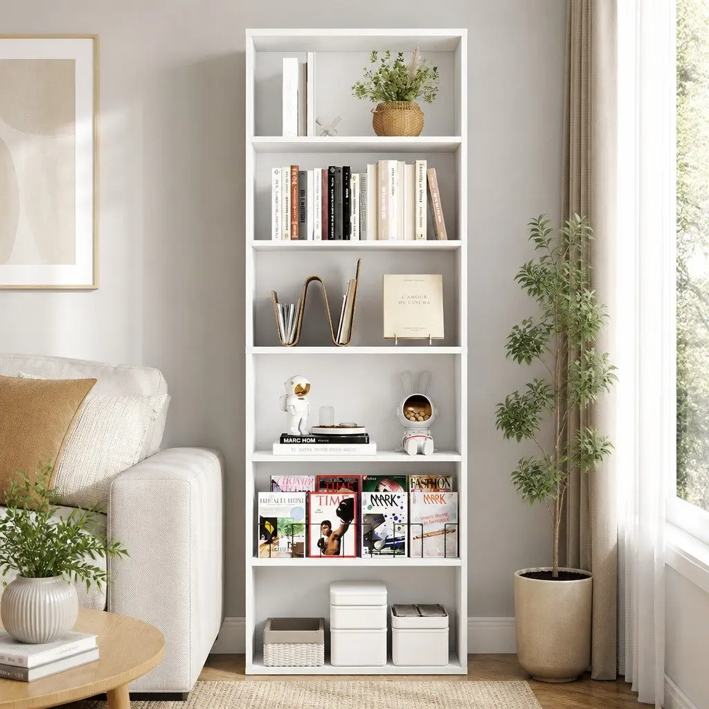 6 Tier Book Shelf Wooden E1-grade Particleboard 60cm x 24cm x 178.5cm White Freestanding Storage Display