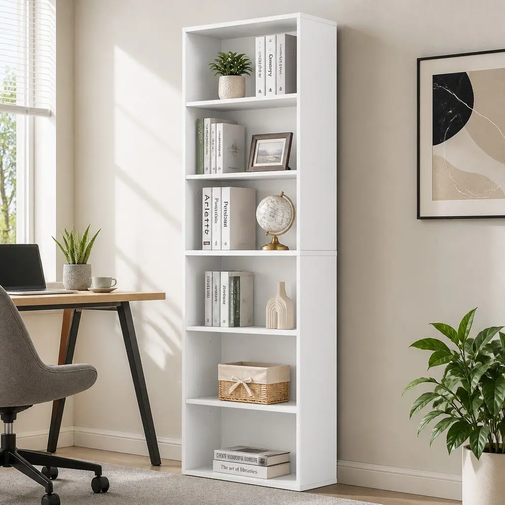 6 Tier Book Shelf Wooden E1-grade Particleboard 60cm x 24cm x 178.5cm White Freestanding Storage Display